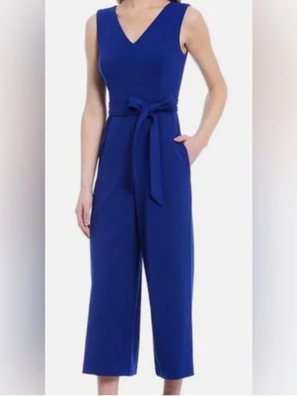 Calvin Klein Deep Blue V-Neck Sleeveless Jumpsuit with Waist Tie
